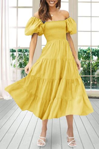 Gothden Women Casual Summer Dress Puffy Short Sleeve Square Neck Smocked Tiered Ruffle Dresses in Kuwait