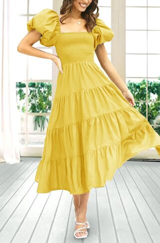 Gothden Women Casual Summer Dress Puffy Short Sleeve Square Neck Smocked Tiered Ruffle Dresses in Kuwait