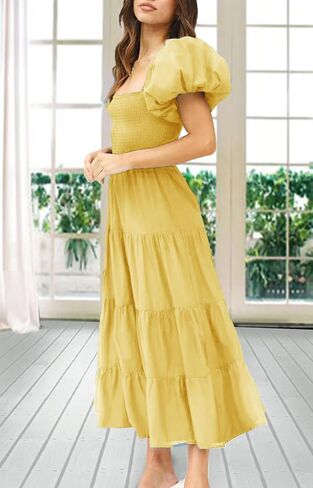 Gothden Women Casual Summer Dress Puffy Short Sleeve Square Neck Smocked Tiered Ruffle Dresses in Kuwait