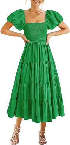 Gothden Women Casual Summer Dress Puffy Short Sleeve Square Neck Smocked Tiered Ruffle Dresses in Kuwait
