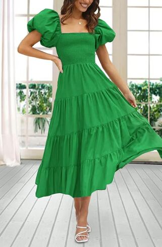 Gothden Women Casual Summer Dress Puffy Short Sleeve Square Neck Smocked Tiered Ruffle Dresses in Kuwait