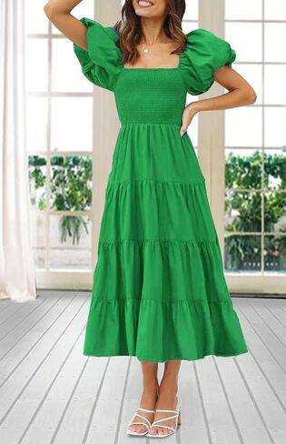 Gothden Women Casual Summer Dress Puffy Short Sleeve Square Neck Smocked Tiered Ruffle Dresses in Kuwait