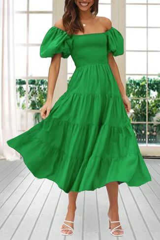 Gothden Women Casual Summer Dress Puffy Short Sleeve Square Neck Smocked Tiered Ruffle Dresses in Kuwait