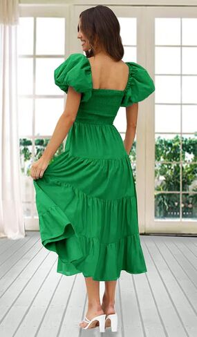Gothden Women Casual Summer Dress Puffy Short Sleeve Square Neck Smocked Tiered Ruffle Dresses in Kuwait