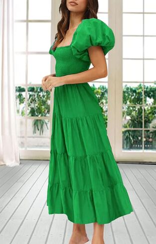 Gothden Women Casual Summer Dress Puffy Short Sleeve Square Neck Smocked Tiered Ruffle Dresses in Kuwait