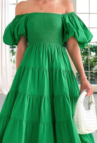 Gothden Women Casual Summer Dress Puffy Short Sleeve Square Neck Smocked Tiered Ruffle Dresses in Kuwait