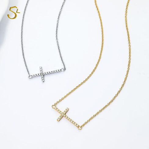S 14K Gold Plated Cross Necklace for Women Adjustable Sideways Cross Necklace for Women Cubic Zirconia Cross Pendant Gold Necklaces for Women Christian Gifts for Women in Saudi Arabia