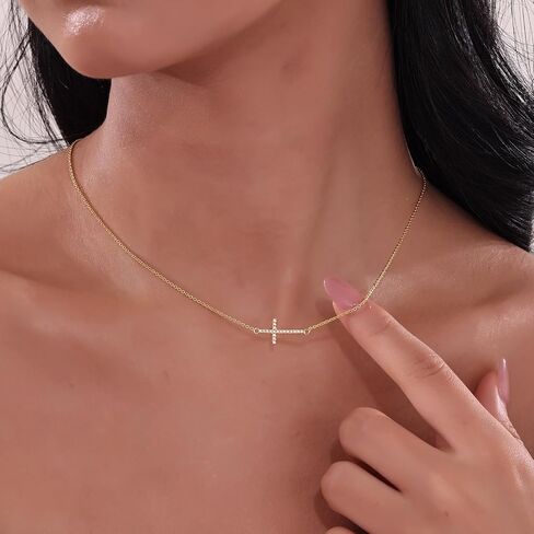 S 14K Gold Plated Cross Necklace for Women Adjustable Sideways Cross Necklace for Women Cubic Zirconia Cross Pendant Gold Necklaces for Women Christian Gifts for Women in Saudi Arabia