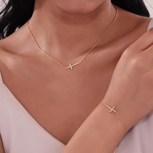 S 14K Gold Plated Cross Necklace for Women Adjustable Sideways Cross Necklace for Women Cubic Zirconia Cross Pendant Gold Necklaces for Women Christian Gifts for Women in Saudi Arabia