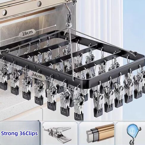 Clothes Drying Racks Clip Hangers Metal with 36 Clips Windproof Hook Underwear Hanger Foldable Laundry Clip for Socks Bras Black in Kuwait