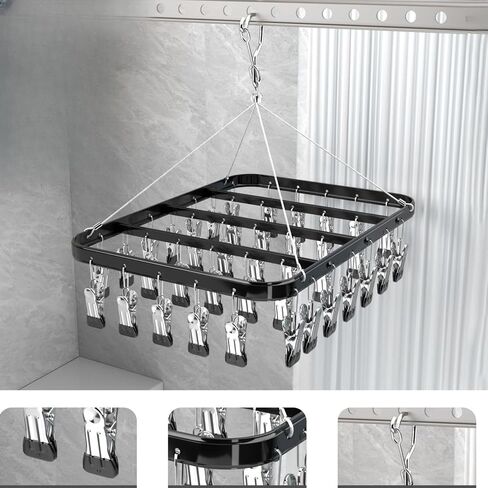 Clothes Drying Racks Clip Hangers Metal with 36 Clips Windproof Hook Underwear Hanger Foldable Laundry Clip for Socks Bras Black in Kuwait