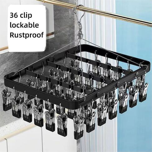 Clothes Drying Racks Clip Hangers Metal with 36 Clips Windproof Hook Underwear Hanger Foldable Laundry Clip for Socks Bras Black in Kuwait
