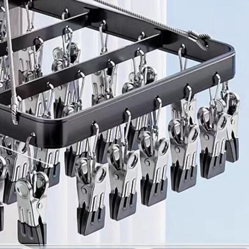 Clothes Drying Racks Clip Hangers Metal with 36 Clips Windproof Hook Underwear Hanger Foldable Laundry Clip for Socks Bras Black in Kuwait