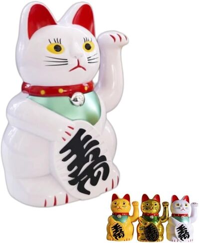 6" Lucky Cat Waving Arm, Maneki Neko Lucky Fengshui Cat for Feng Shui Welcoming Fortune Luck Wealth Prosperity Decoration, Battery Not Included (White) in Kuwait