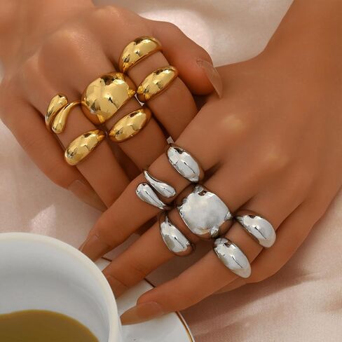 Chunky Gold Rings Non Tarnish Statement Stackable Rings for Women Silver Ring Set Thick Dome Knuckle Women's Ring Jewelry in Saudi Arabia