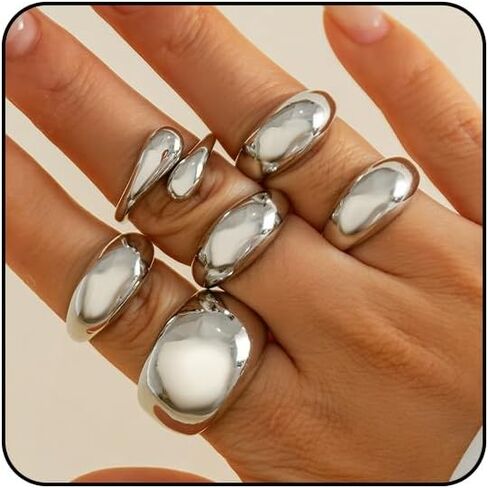 Chunky Gold Rings Non Tarnish Statement Stackable Rings for Women Silver Ring Set Thick Dome Knuckle Women's Ring Jewelry in Saudi Arabia