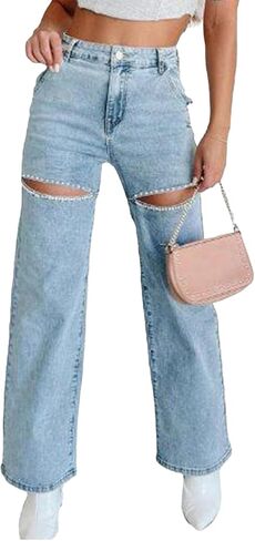 Unybwonn Women High Waist Baggy Ripped Jeans Rhinestone Trim Bling Denim Pants Y2k Straight Wide Leg Pants Streetwear in Kuwait