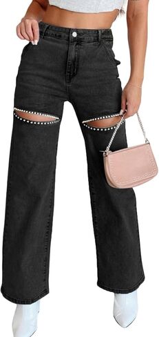 Unybwonn Women High Weist Baggy Jeans Jeans Rhinestone Trim Bling Denim Pants Y2K على عريض الساق على التوالي in Kuwait