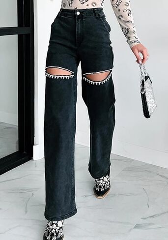 Unybwonn Women High Weist Baggy Jeans Jeans Rhinestone Trim Bling Denim Pants Y2K على عريض الساق على التوالي in Kuwait