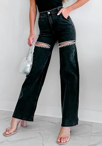 Unybwonn Women High Weist Baggy Jeans Jeans Rhinestone Trim Bling Denim Pants Y2K على عريض الساق على التوالي in Kuwait