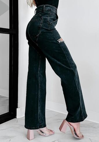 Unybwonn Women High Weist Baggy Jeans Jeans Rhinestone Trim Bling Denim Pants Y2K على عريض الساق على التوالي in Kuwait