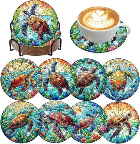 croshom 8 Pieces Diamond Art Painting Coasters Kit, Sea Turtle Diamond Art Coaster, DIY Diamonds Craft Kits for Adults and Beginners (Turtle Style) in Kuwait