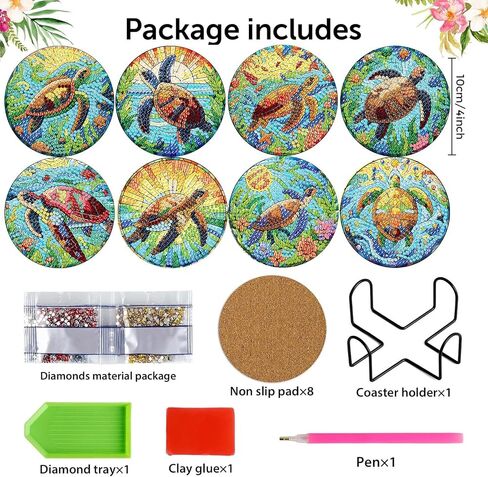 croshom 8 Pieces Diamond Art Painting Coasters Kit, Sea Turtle Diamond Art Coaster, DIY Diamonds Craft Kits for Adults and Beginners (Turtle Style) in Kuwait