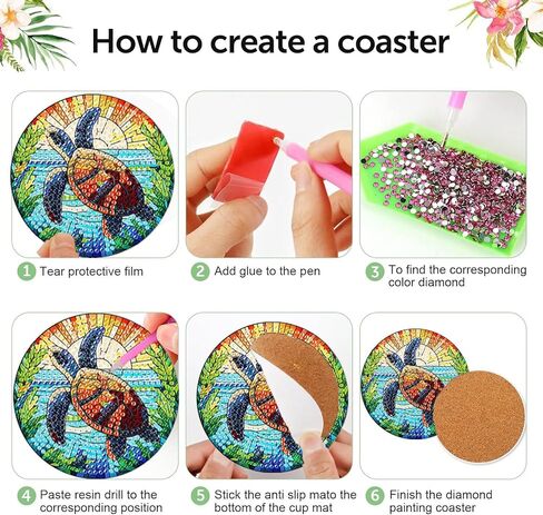 croshom 8 Pieces Diamond Art Painting Coasters Kit, Sea Turtle Diamond Art Coaster, DIY Diamonds Craft Kits for Adults and Beginners (Turtle Style) in Kuwait