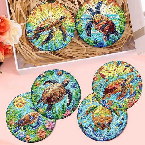 croshom 8 Pieces Diamond Art Painting Coasters Kit, Sea Turtle Diamond Art Coaster, DIY Diamonds Craft Kits for Adults and Beginners (Turtle Style) in Kuwait