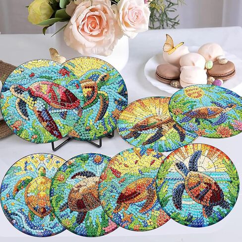 croshom 8 Pieces Diamond Art Painting Coasters Kit, Sea Turtle Diamond Art Coaster, DIY Diamonds Craft Kits for Adults and Beginners (Turtle Style) in Kuwait