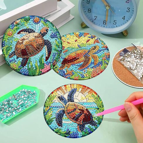 croshom 8 Pieces Diamond Art Painting Coasters Kit, Sea Turtle Diamond Art Coaster, DIY Diamonds Craft Kits for Adults and Beginners (Turtle Style) in Kuwait