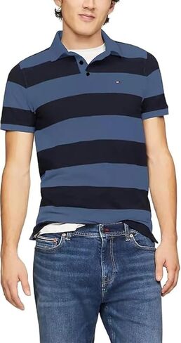 Tommy Hilfiger Slim Fit Rugby Stripe Polo Men Shirt (US ، Alpha ، X-Large ، العادية ، العادية ، الأزرق بنك) in Saudi Arabia