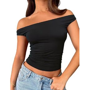 ForeFair Womens Off The Shoulder Tops Going Out Crop Top Slim Fitted Shirts Double Lined Summer Outfits Y2K Cute Tops in Kuwait