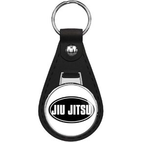 Black Oval JIU Jitsu (Martial Arts Fight MMA) Black Leather Keychain Silver Keyring in Saudi Arabia