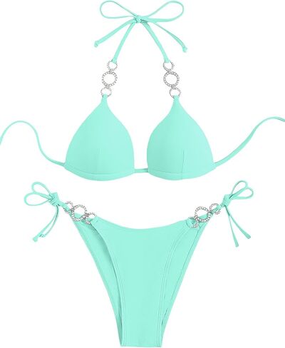 WDIRARA Women's Rhinestone Push Up Halter Bikini Set Swimsuit Two Piece Tie Side Bathing Suit in Saudi Arabia