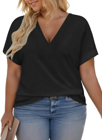 VISLILY Plus-Size-Summer-Tops for Women Casual V Neck T Shirts Trendy Loose Tees Fashion Rolled Short Sleeve Tunics XL-5XL in Saudi Arabia