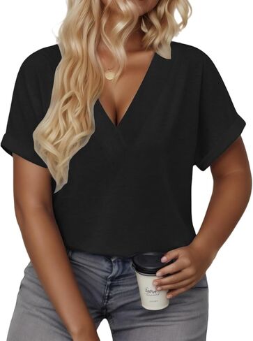 VISLILY Plus-Size-Summer-Tops for Women Casual V Neck T Shirts Trendy Loose Tees Fashion Rolled Short Sleeve Tunics XL-5XL in Saudi Arabia