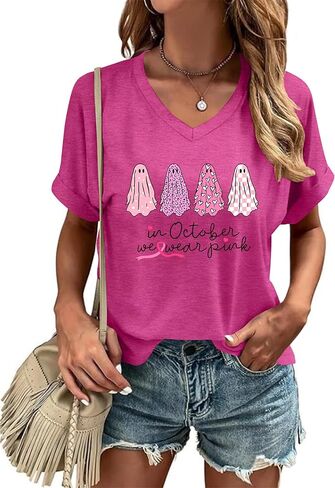 LAZYCHILD Breast Cancer Shirt Women Breast Cancer Awareness Pink Ribbon T-Shirt Cancer Survivor V-Neck Tops in Saudi Arabia
