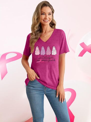 LAZYCHILD Breast Cancer Shirt Women Breast Cancer Awareness Pink Ribbon T-Shirt Cancer Survivor V-Neck Tops in Saudi Arabia