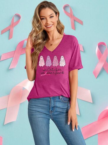 LAZYCHILD Breast Cancer Shirt Women Breast Cancer Awareness Pink Ribbon T-Shirt Cancer Survivor V-Neck Tops in Saudi Arabia