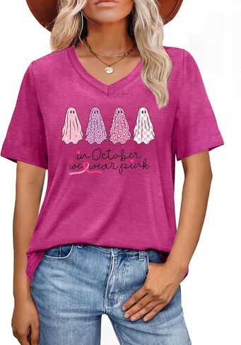 LAZYCHILD Breast Cancer Shirt Women Breast Cancer Awareness Pink Ribbon T-Shirt Cancer Survivor V-Neck Tops in Saudi Arabia