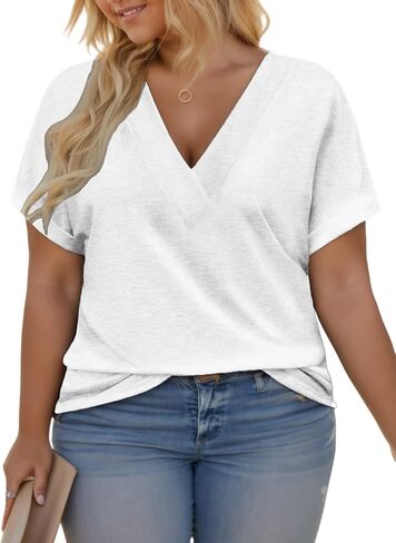 VISLILY Plus-Size-Summer-Tops for Women Casual V Neck T Shirts Trendy Loose Tees Fashion Rolled Short Sleeve Tunics XL-5XL in Saudi Arabia