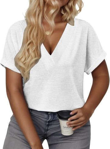 VISLILY Plus-Size-Summer-Tops for Women Casual V Neck T Shirts Trendy Loose Tees Fashion Rolled Short Sleeve Tunics XL-5XL in Saudi Arabia