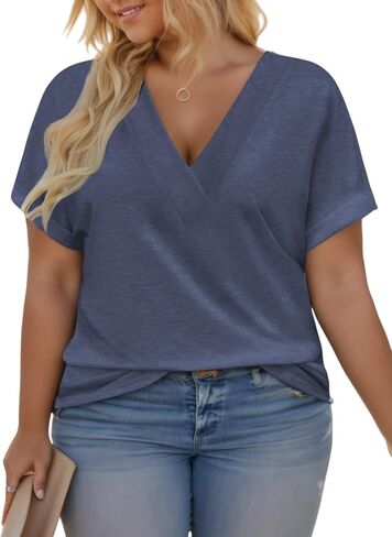 VISLILY Plus-Size-Summer-Tops for Women Casual V Neck T Shirts Trendy Loose Tees Fashion Rolled Short Sleeve Tunics XL-5XL in Saudi Arabia