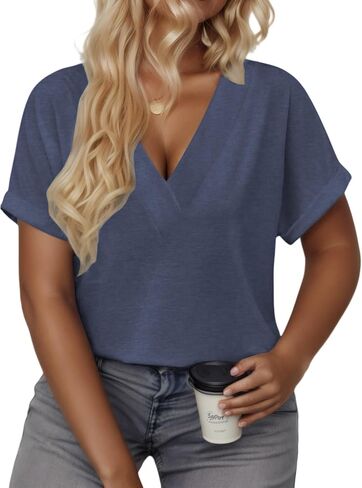 VISLILY Plus-Size-Summer-Tops for Women Casual V Neck T Shirts Trendy Loose Tees Fashion Rolled Short Sleeve Tunics XL-5XL in Saudi Arabia