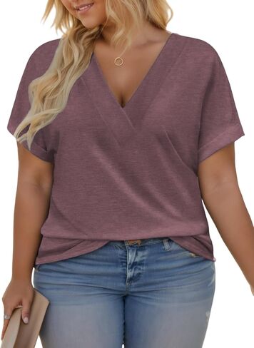 VISLILY Plus-Size-Summer-Tops for Women Casual V Neck T Shirts Trendy Loose Tees Fashion Rolled Short Sleeve Tunics XL-5XL in Saudi Arabia