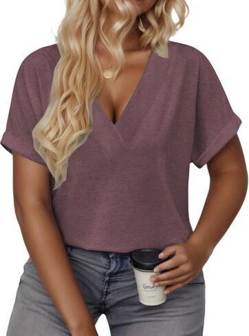 VISLILY Plus-Size-Summer-Tops for Women Casual V Neck T Shirts Trendy Loose Tees Fashion Rolled Short Sleeve Tunics XL-5XL in Saudi Arabia