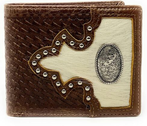 Western Genuine Tooled Leather Cowhide Cow Fur Mens Bifold Short Wallet in Multi Emblem (Black Rooster) in Saudi Arabia