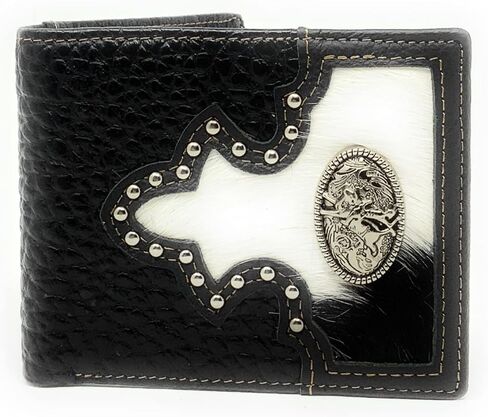 Western Genuine Tooled Leather Cowhide Cow Fur Mens Bifold Short Wallet in Multi Emblem (Black Rooster) in Saudi Arabia