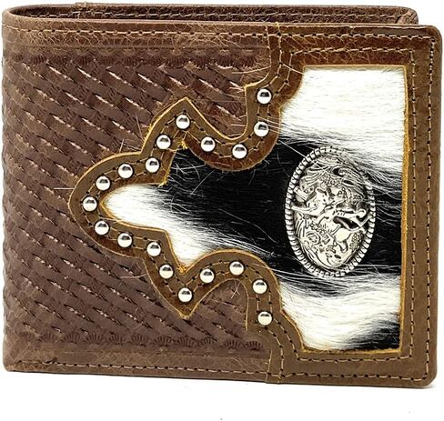 Western Genuine Tooled Leather Cowhide Cow Fur Mens Bifold Short Wallet in Multi Emblem (Black Rooster) in Saudi Arabia